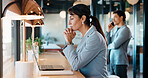 Laptop, thinking and woman in cafe for remote work, law case and problem solving for review. Freelance attorney, computer and mature person with reflection for justice, legal research or evidence