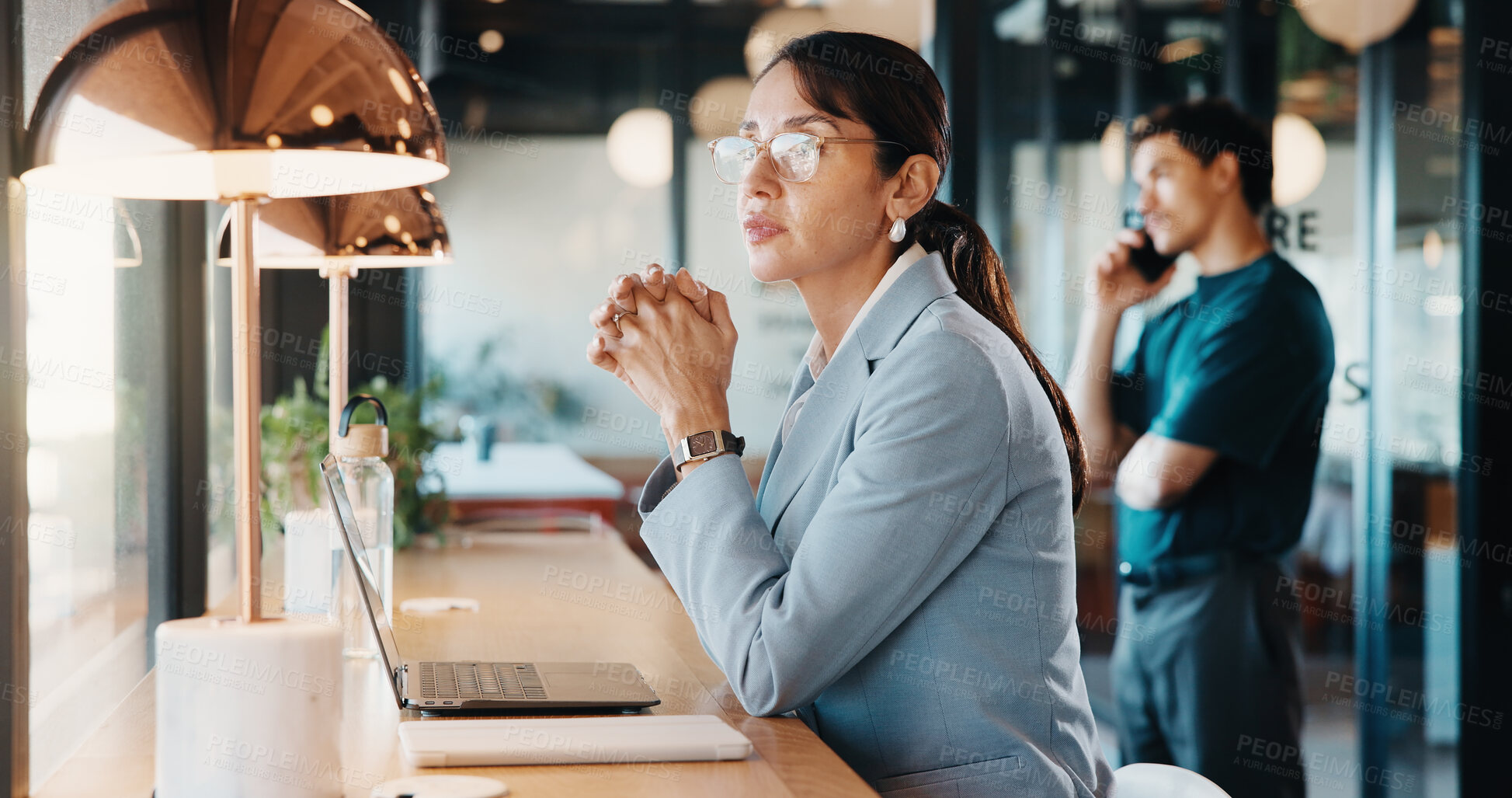 Buy stock photo Businesswoman, thinking and remote work in cafe with laptop, glasses or idea for HR administration. Contract worker, mature person and human resources job in cafeteria with computer, vision and plan.