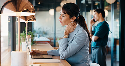 Buy stock photo Neck pain, laptop or woman in agency with strain, burnout or joint tension in muscle injury. Tendinitis, bad posture or employee in workplace with discomfort, stiffness or fatigue in cervical sprain.