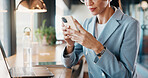 Businesswoman, online and hands with phone in cafe, communication and reading email on social media. Restaurant, remote work and person with mobile for digital chat, scroll and networking on website