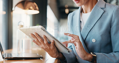 Buy stock photo Businesswoman, online and hands with phone in cafe, real estate agent or property listing on website. Restaurant, remote work and person with tech for research, realtor and investment opportunity