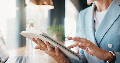 Buy stock photo Businesswoman, scroll and hands with tablet in cafe, real estate agent or property investment on web. Restaurant, remote work and person with tech for market research, realtor and browse information
