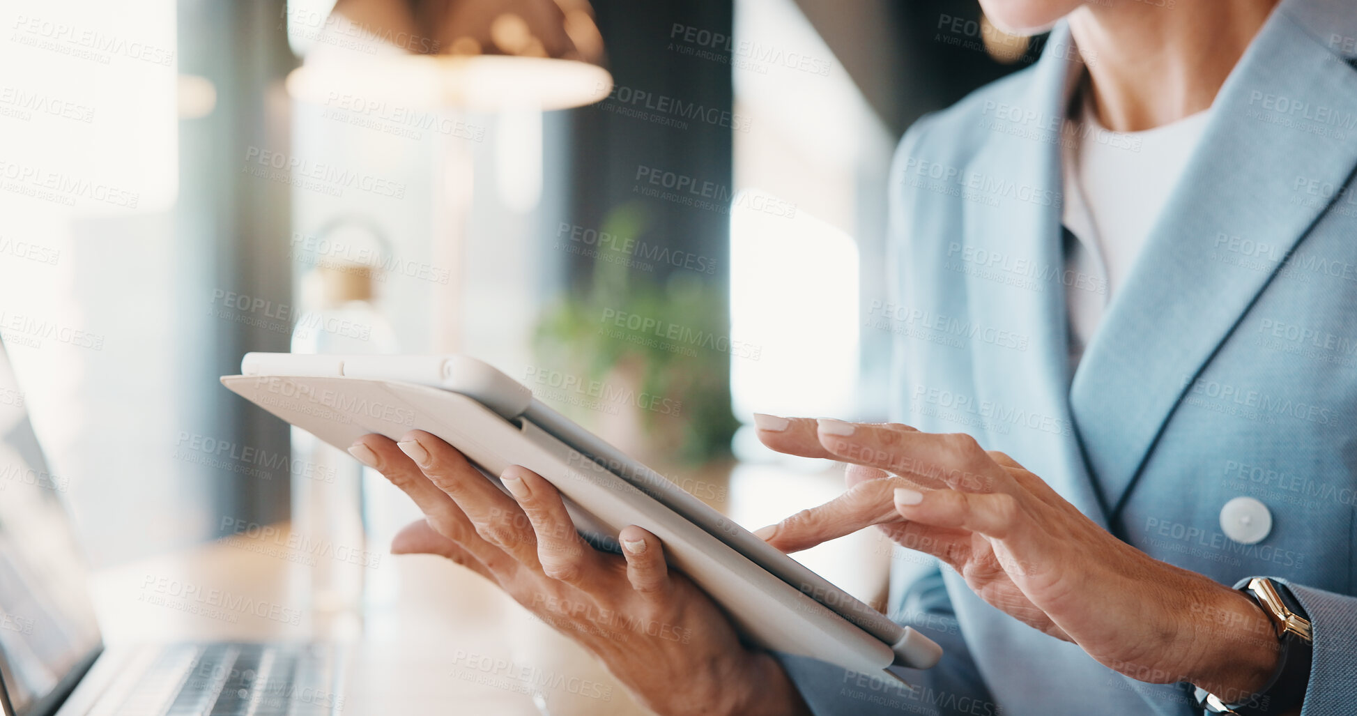 Buy stock photo Businesswoman, scroll and hands with tablet in cafe, real estate agent or property investment on web. Restaurant, remote work and person with tech for market research, realtor and browse information