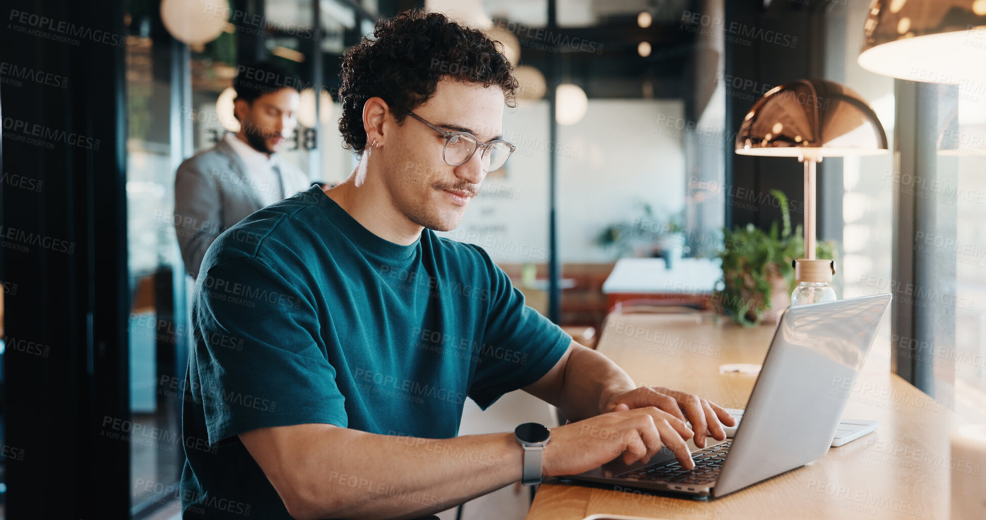 Buy stock photo Man, typing and remote work in cafe with laptop, online research and check trends for graphic design. Freelancer, person or designer browsing in restaurant with computer, editing project or campaign.