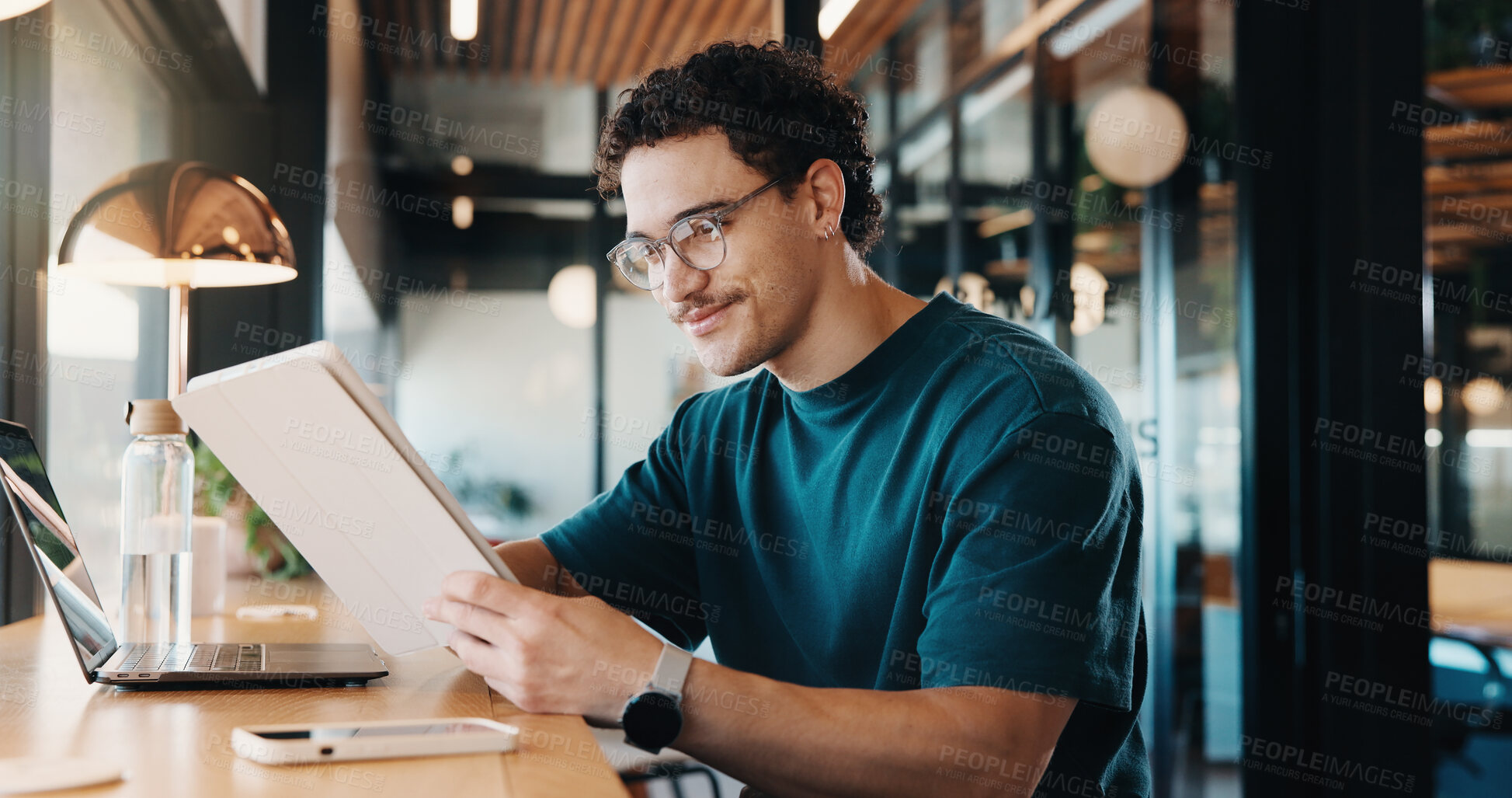 Buy stock photo Man, smile and remote work in cafe with tablet, laptop and online research for graphic design idea. Freelancer, person or designer browsing in restaurant with tech, editing project or review campaign