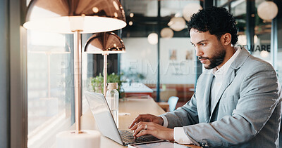 Buy stock photo Businessman, typing or remote work in cafe with laptop, research or planning for financial audit. Contract worker, person or accountant in cafeteria with computer, review report or browse for finance