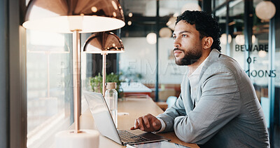 Buy stock photo Man, thinking and cafe with laptop or ambition for business startup, entrepreneurship or vision. Thoughtful, businessman or contemplating with computer by window for development in coffee shop