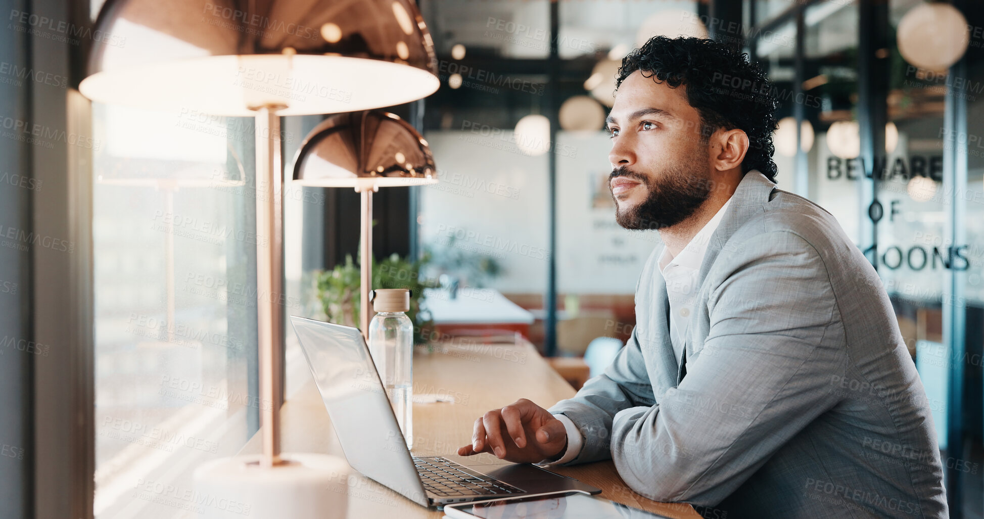 Buy stock photo Man, thinking and cafe with laptop or ambition for business startup, entrepreneurship or vision. Thoughtful, businessman or contemplating with computer by window for development in coffee shop