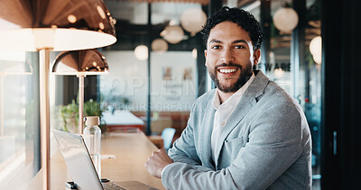 Buy stock photo Portrait, business and man with laptop at cafe for career pride, about us and real estate agent. Smile, male person or pc with ambition, remote work and positive attitude for property auction at shop