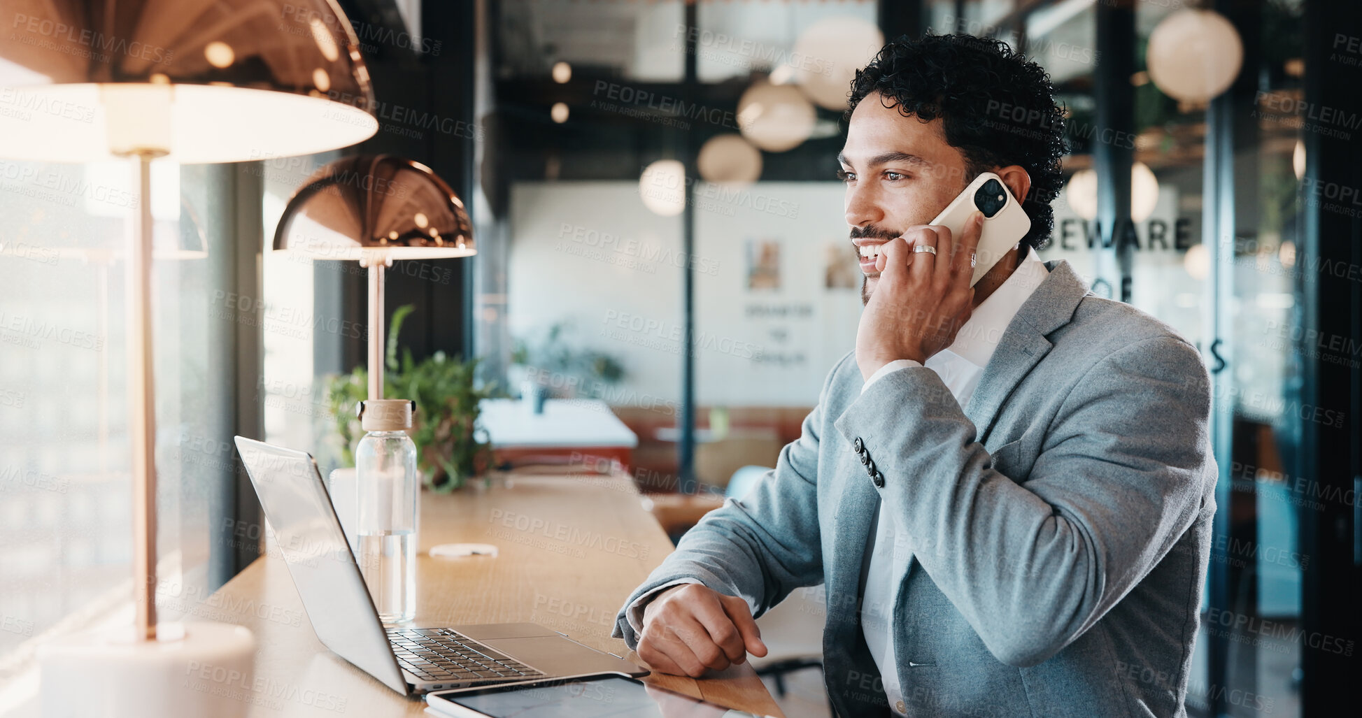 Buy stock photo Phone call, remote work and happy businessman in cafe, negotiation or property sale with listing offer. Tech, smile and freelance agent in coffee shop for communication, real estate advice or listen