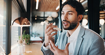 Buy stock photo Businessman, cafe and speaker with phone for communication, discussion or conversation. Man, employee or consultant talking with mobile smartphone for chat, audio message or sound app in coffee shop