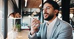 Businessman, speaker or discussion with phone in cafe for communication or conversation. Man, employee or consultant talking with mobile smartphone for chat, audio message or sound app in coffee shop