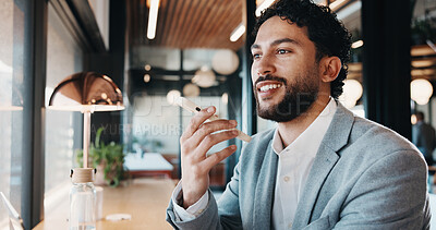 Buy stock photo Businessman, speaker or discussion with phone in cafe for communication or conversation. Man, employee or consultant talking with mobile smartphone for chat, audio message or sound app in coffee shop