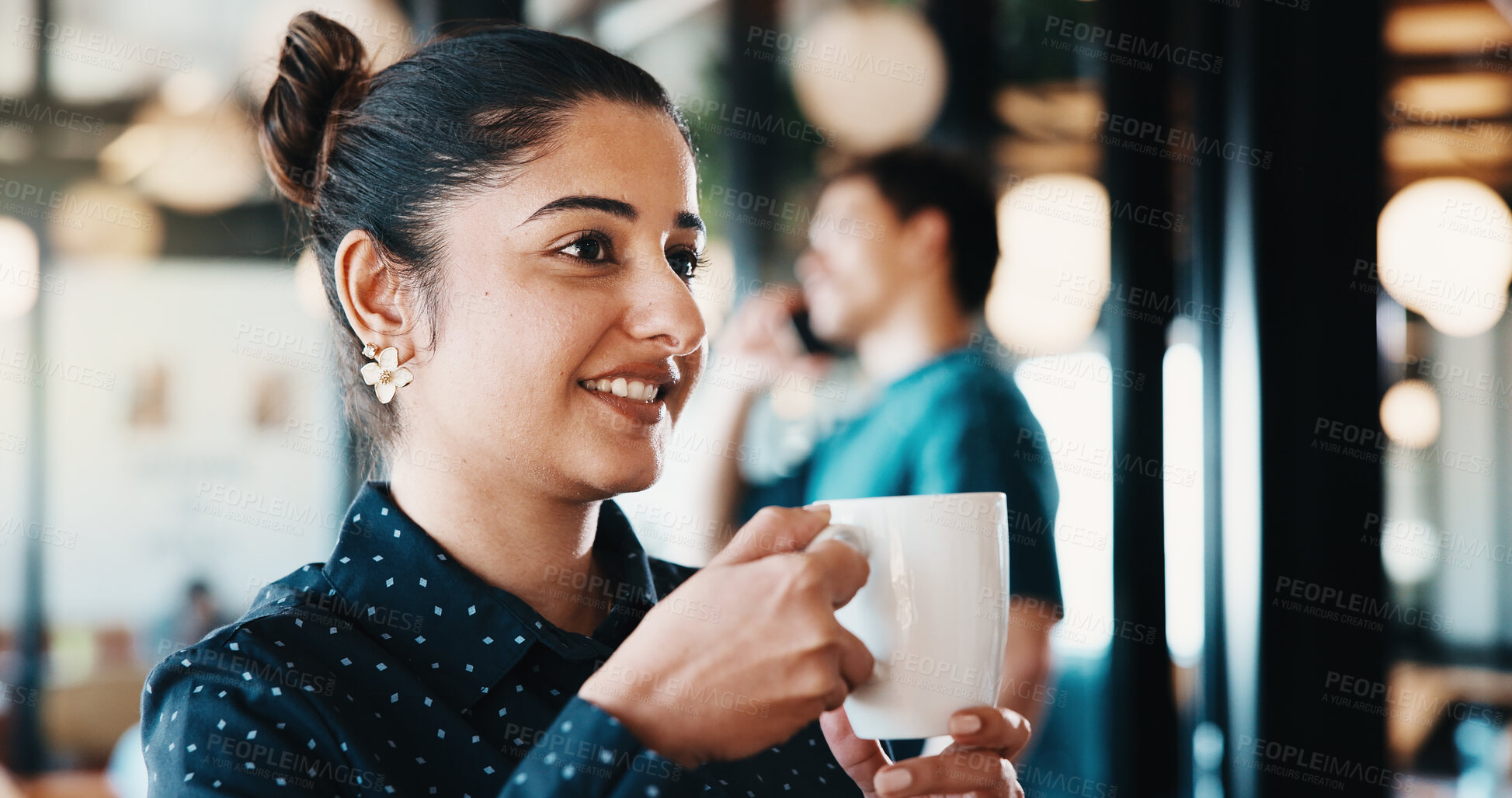 Buy stock photo Coffee, happy and woman thinking in cafe for remote work, brainstorming or startup ideas. Inspiration, smile and freelancer or customer with cup of tea, beverage or drink for creativity in restaurant