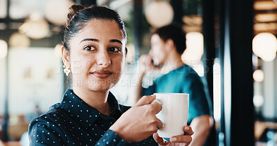 Buy stock photo Thinking, businesswoman and smile with coffee in cafe, remote work and planning for future with idea. Restaurant, reflection and person with caffeine beverage on break, entrepreneur and decision