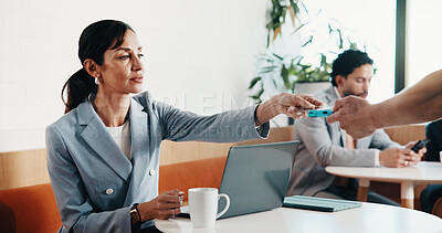 Buy stock photo Woman, laptop and credit card with pos machine in cafe for payment or wireless transaction. Female person, customer and tap with debit or waiter for NFC banking, checkout or service in coffee shop