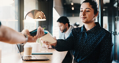 Buy stock photo Laptop, woman and phone with pos machine in coffee shop for payment or wireless transaction. Female person, waiter or customer with smartphone tap for mobile banking, checkout or service in cafe