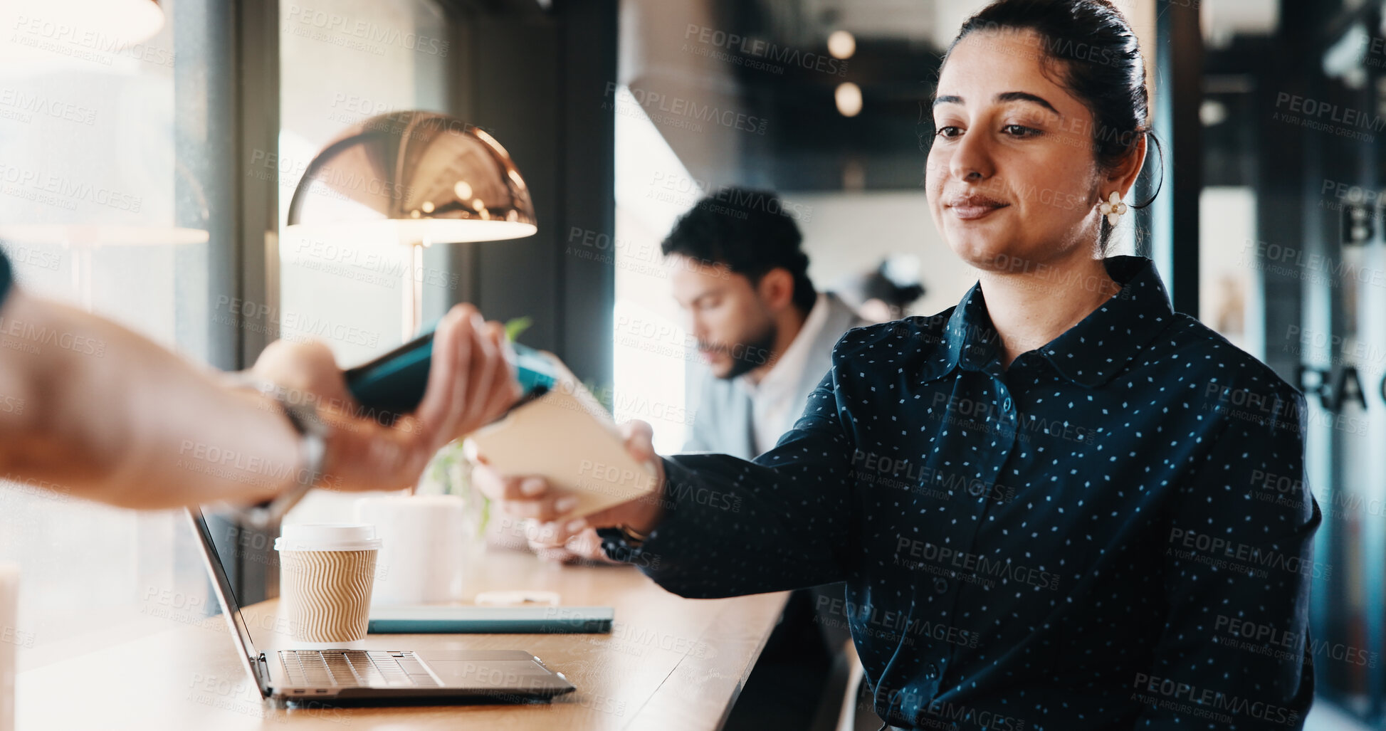 Buy stock photo Laptop, woman and phone with pos machine in coffee shop for payment or wireless transaction. Female person, waiter or customer with smartphone tap for mobile banking, checkout or service in cafe