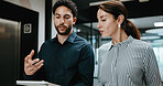 Tablet, team and people with discussion in hallway for financial report, advice or manager question. Reading, explain and broker with solution, talking or problem solving on digital app for insurance