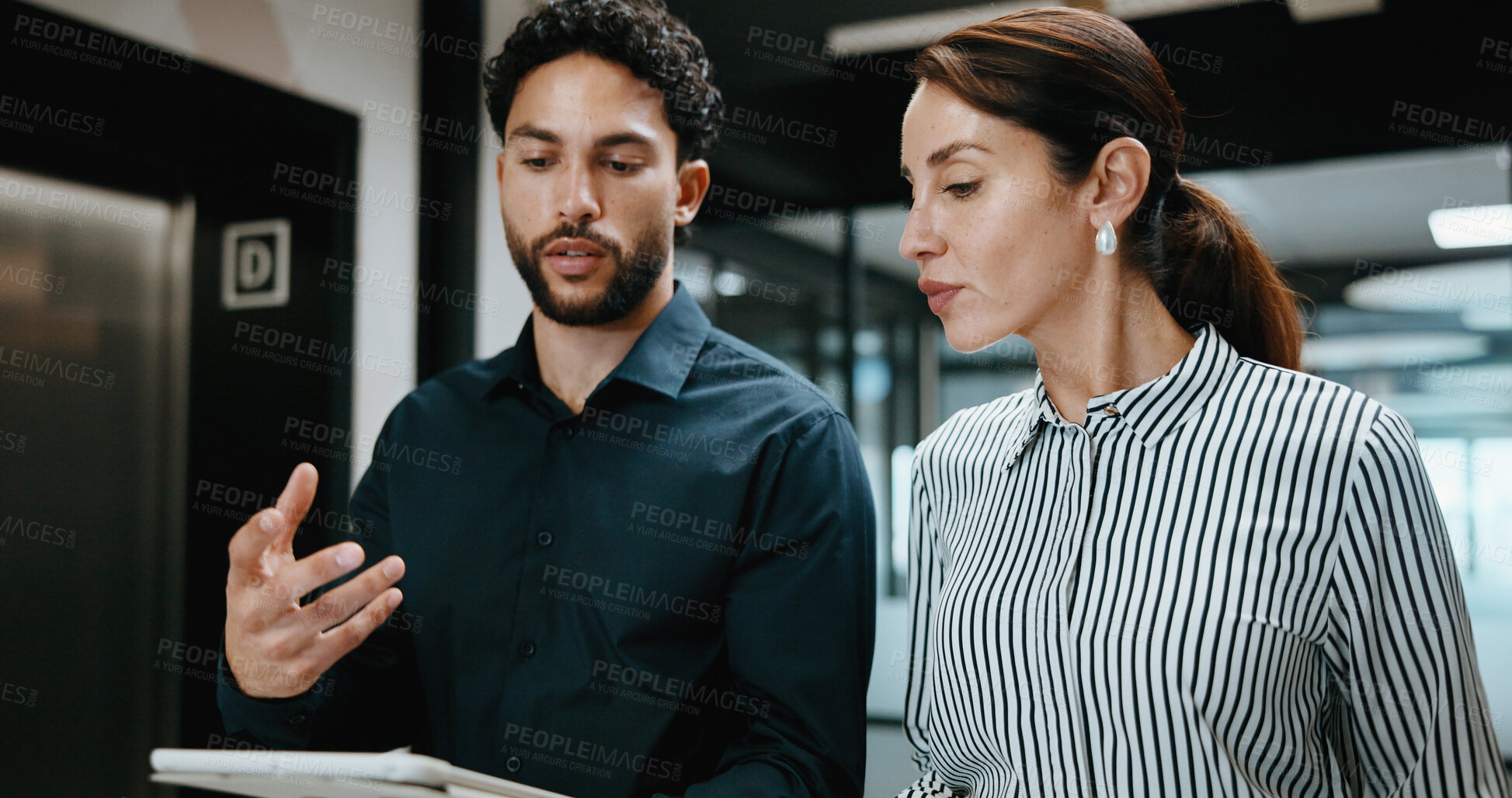 Buy stock photo Tablet, team and people with discussion in hallway for financial report, advice or manager question. Reading, explain and broker with solution, talking or problem solving on digital app for insurance