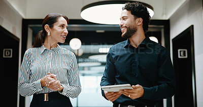 Buy stock photo Business, team and happy with tablet in hallway for case update, research progress or feedback. People, lawyer or legal assistant with tech at firm for trial preparation, lawsuit status or discussion