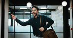 Office, singing and business man with dancing for work departure, payday energy or salary increase. Movement, employee and bag with rhythm in hallway for leaving early, celebration or promotion raise