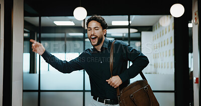 Buy stock photo Office, singing and business man with dancing for work departure, payday energy or salary increase. Movement, employee and bag with rhythm in hallway for leaving early, celebration or promotion raise