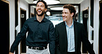 Arrival, walking or people in office with laugh, funny conversation or workplace connection in morning. Business, colleagues or employees with smile, bonding together or joke reaction at start of day