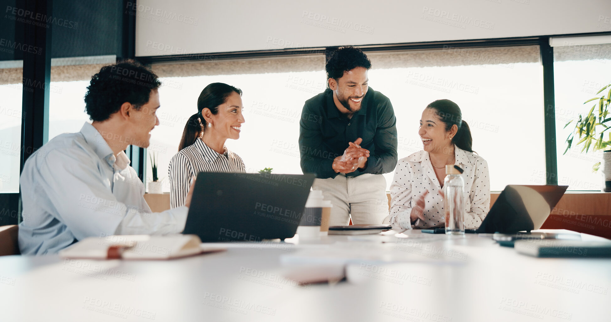 Buy stock photo Business, team and applause with update in meeting for evidence breakthrough, progress or justice. Legal counsel, people and clapping at firm for trial preparation, charge dismissal and announcement