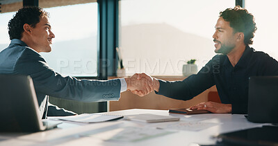 Buy stock photo Team, handshake and business men in office with partnership for finance review or budget deal. Meeting, shaking hands and financial advisors with agreement for investment proposal or acquisition