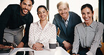 Happy, teamwork and portrait of business people in office with confidence for legal career. Smile, collaboration and lawyers with manager for professional pride in job opportunity in workplace.