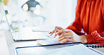 Finance, hands and woman with calculator in office for payroll, audit trail and company budget. Accountant, employee or calculating expenses at workplace for bookkeeping, tax planning or verify total