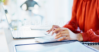Buy stock photo Finance, hands and woman with calculator in office for payroll, audit trail and company budget. Accountant, employee or calculating expenses at workplace for bookkeeping, tax planning or verify total
