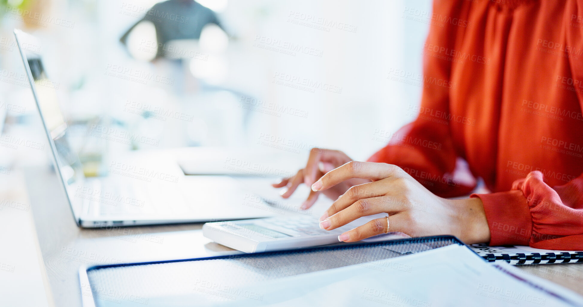 Buy stock photo Finance, hands and woman with calculator in office for payroll, audit trail and company budget. Accountant, employee or calculating expenses at workplace for bookkeeping, tax planning or verify total