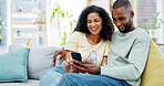 Relax, couple or laugh with phone on sofa for internet meme, social media video or bonding. Love, african people and happy with mobile app in home for funny online post, relationship or weekend break
