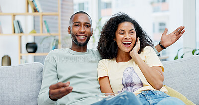 Buy stock photo Happy, relax and couple on sofa for watching tv with show, movie or series together in home. Laugh, bonding and man with woman in living room for streaming comedy film on weekend in apartment.