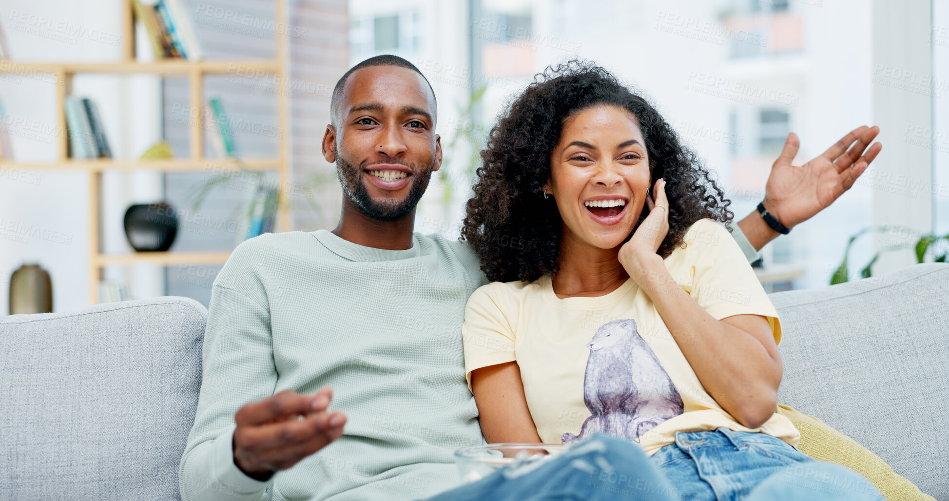 Buy stock photo Happy, relax and couple on sofa for watching tv with show, movie or series together in home. Laugh, bonding and man with woman in living room for streaming comedy film on weekend in apartment.