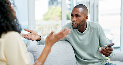 Buy stock photo Argument, stress and couple on sofa in home with infidelity, cheating or toxic marriage. Upset, fighting and man with woman in living room for disagreement in relationship with breakup in house.