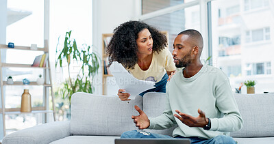 Buy stock photo Fight, finance and couple with paperwork on sofa with conflict for expenses, debt and laptop. Marriage, home and African man and woman with documents for financial review, payment fail or bankruptcy