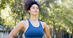 Thinking, athlete and woman for fitness outdoor with vision, morning fresh air and exercise ideas. Serious, female person and runner with mindset, sports reflection and daydreaming for wellness