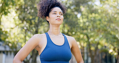 Buy stock photo Thinking, athlete and woman for fitness outdoor with vision, morning fresh air and exercise ideas. Serious, female person and runner with mindset, sports reflection and daydreaming for wellness