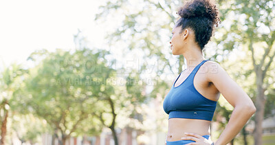 Buy stock photo Thinking, athlete and woman for fitness in nature with vision, morning fresh air and exercise ideas. Space, female person and runner with mindset, sports reflection and daydreaming for wellness