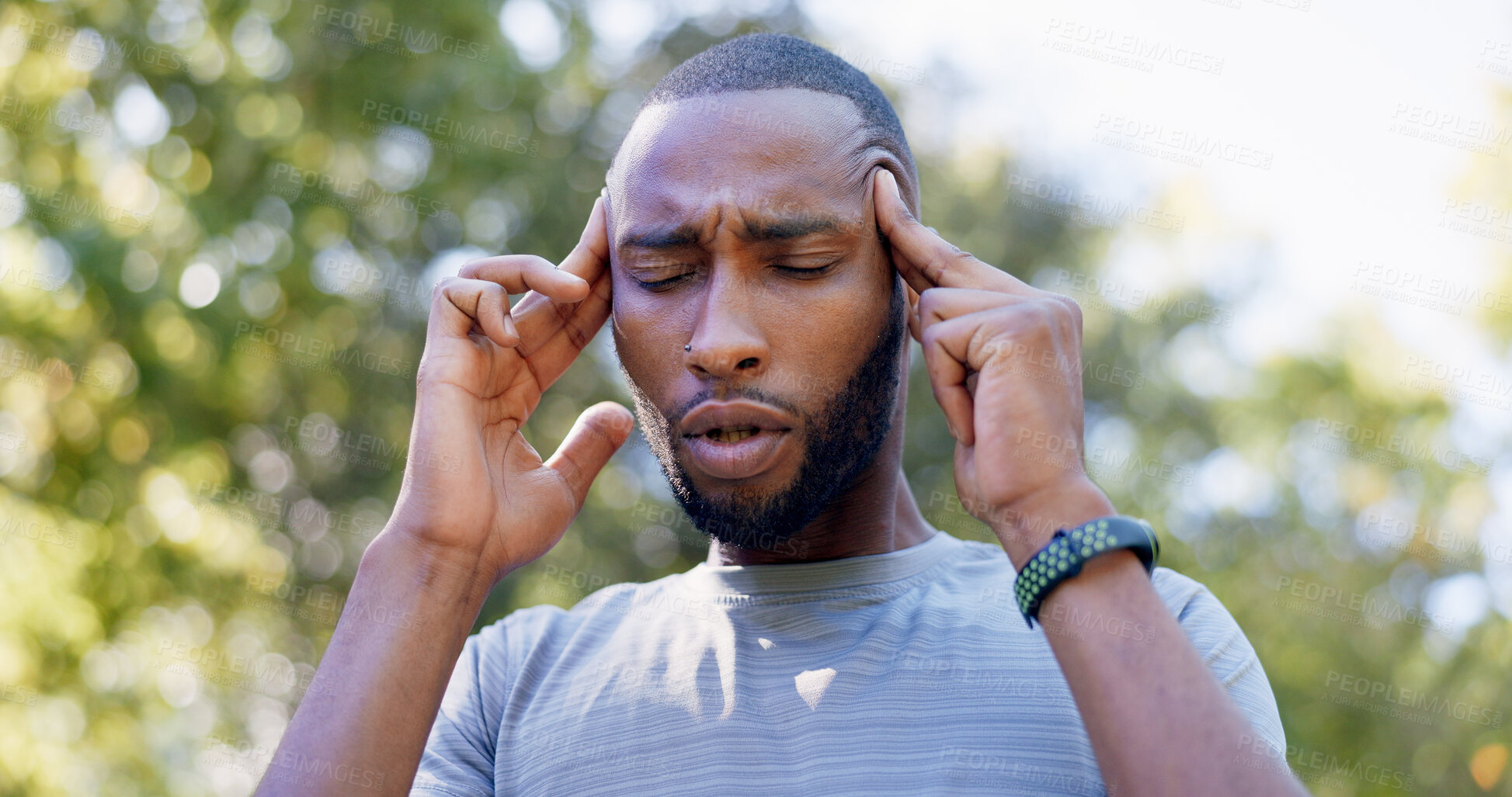 Buy stock photo Fitness, runner and black man with headache in nature for pressure, strain and brain fog for health. Sports, exercise and person with head pain for challenge, active hobby and training outdoor