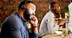 Tired, man and consultant with headset for fatigue, burnout or mistake in call center office. Exhausted, male person or bored agent with mic on computer for difficult tasks or deadline in workplace