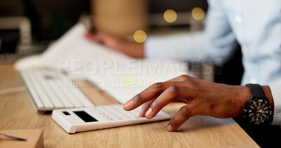 Buy stock photo Night, hands or person with calculator in office, financial audit or accounting for tax filing. Overtime, calculations or accountant with account statement for review, evaluation or compliance check