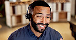 Happy, man and agent with headset in call center for customer service or online advice. Male person, employee or consultant with smile or mic for virtual assistance, help or support in workplace