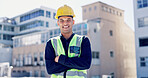 Crossed arms, construction and portrait of man in city for building, renovation and property development. Engineering, architecture and person with pride, ppe and helmet for project or urban planning