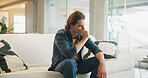 Sad, thinking or man with stress on couch, remember mistake or emotional processing for mental health. Regret, past reflection or male person with negative perspective for memory, nostalgia or home
