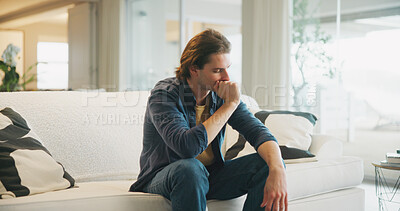 Buy stock photo Sad, thinking or man with stress on couch, remember mistake or emotional processing for mental health. Regret, past reflection or male person with negative perspective for memory, nostalgia or home