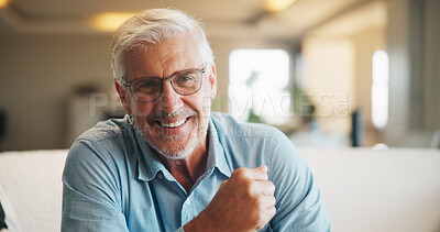 Buy stock photo Portrait, smile and mature man in living room with peace, positive attitude and rest on weekend break. Happy, male person and relax in home with optimism, good mood and stress free for wellness.